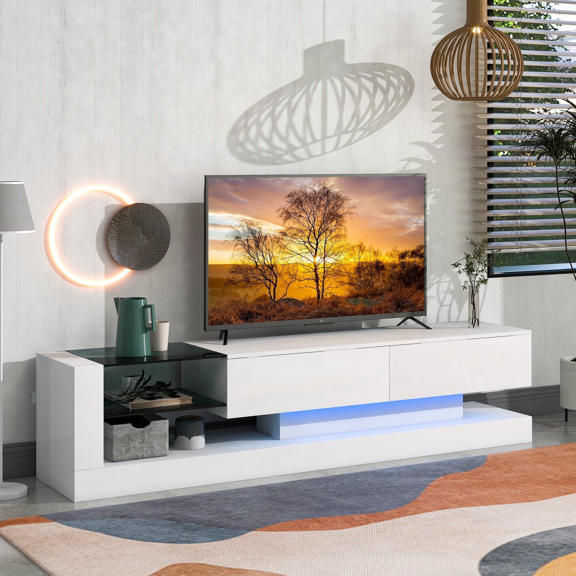 EUROCO TV Stand Up to 75", Modern High Gloss Entertainment Center with LED Changing Lights and 2 Media Storage Cabinets for Living Room