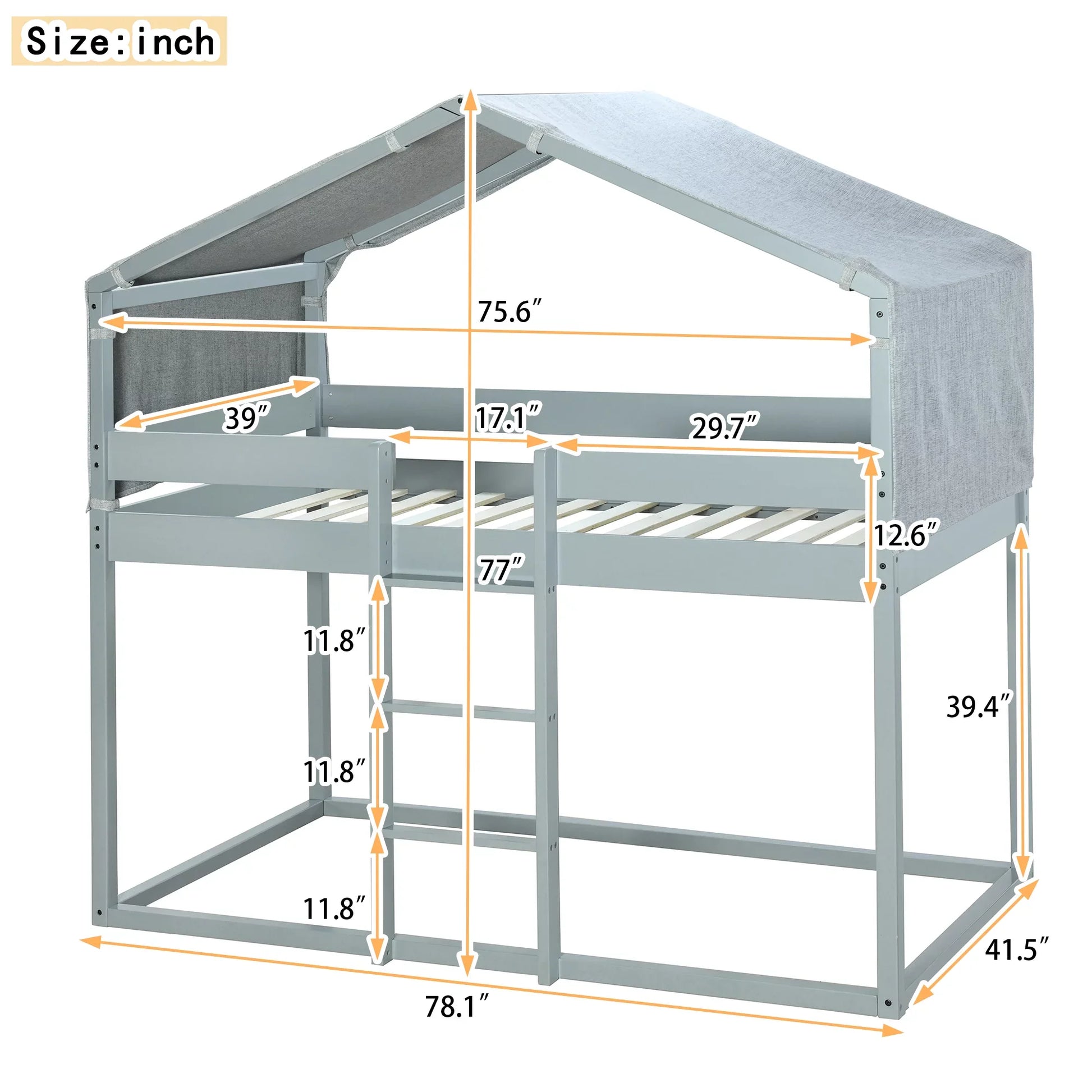 Twin over Twin Tent House Bunk Bed with Tent for Kids Bedroom, Gray
