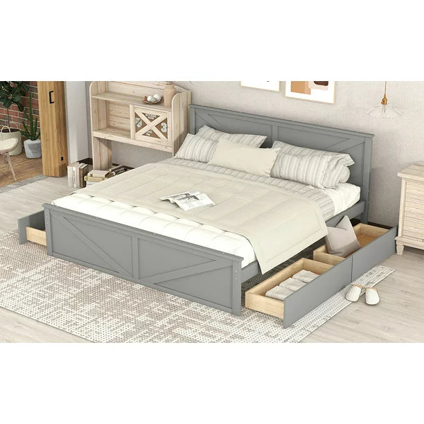 Pine Wood King Size Platform Bed with Four Storage Drawers for Living Room, Gray