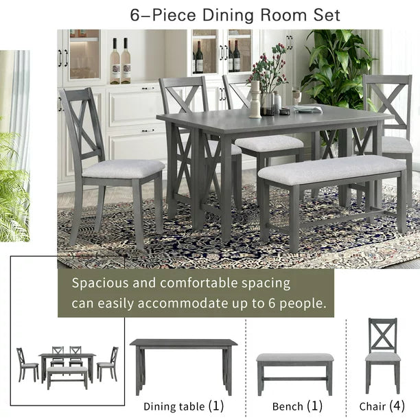 Euroco 6-Piece Dining Table,60" Solid Wood Dining Set with Rectangular Table,4 Upholstered Chairs and Bench for Dining Room