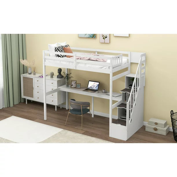 EUROCO Twin Size Loft Bed with Storage Staircase and Built-in Desk, White