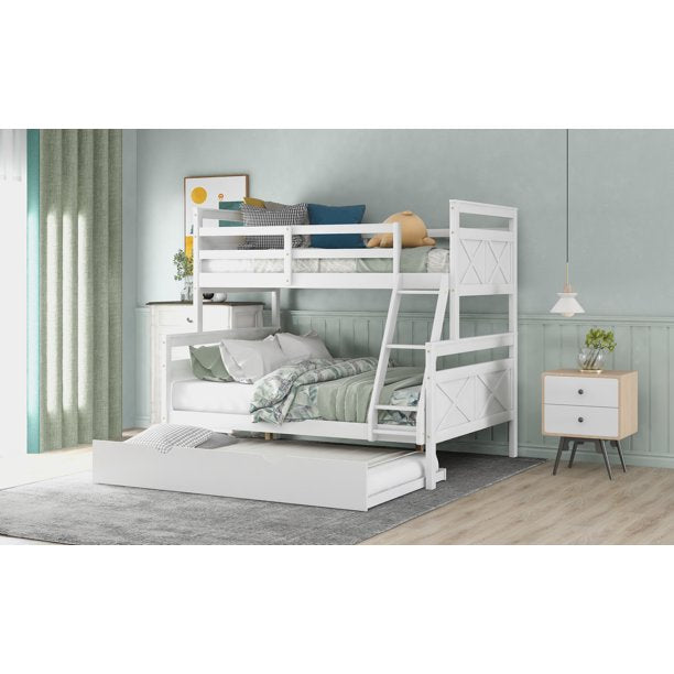 Euroco Wood Twin over Full Bunk Bed with Trundle for Kids & Adults for Bedrooms, White