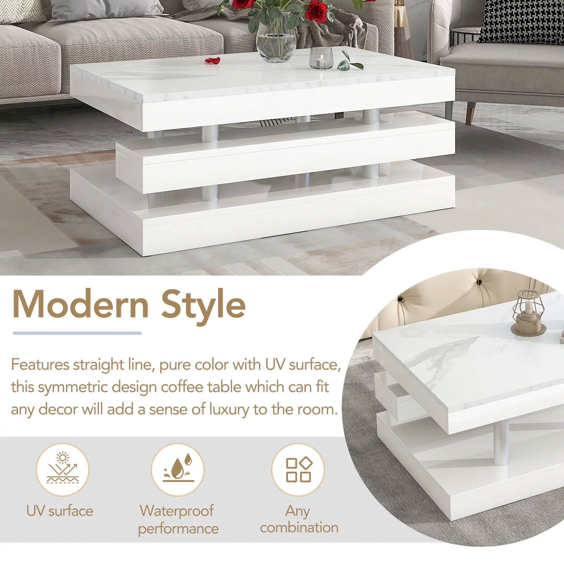 EUROCO 39.3" 2-Tier Coffee Table with Silver Metal Legs, Rectangle Cocktail Table with High-gloss UV Surface, Minimalist Design Center Table for Living Room, White
