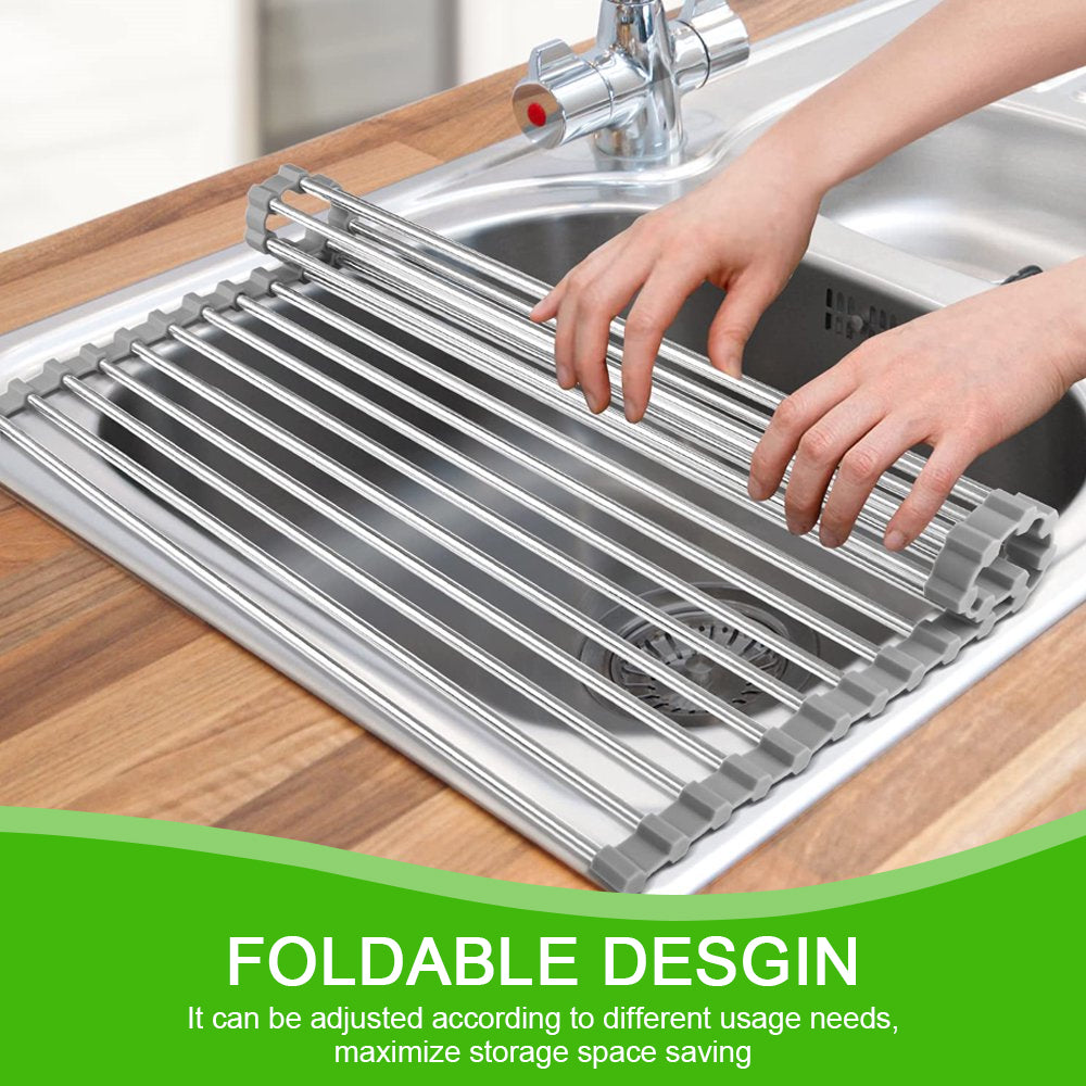 Kitchen Roll up Sink Dish Drying Rack, Dish Drainer, Stainless Steel Foldable Sink Rack Mat (17.8''x11.8'') ALPACASSO