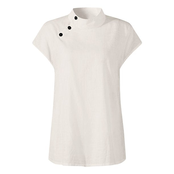 MIARHB Women's Solid Color Short Sleeve Open Button Pullover Shirt Mock Neck Casual Top, White, M