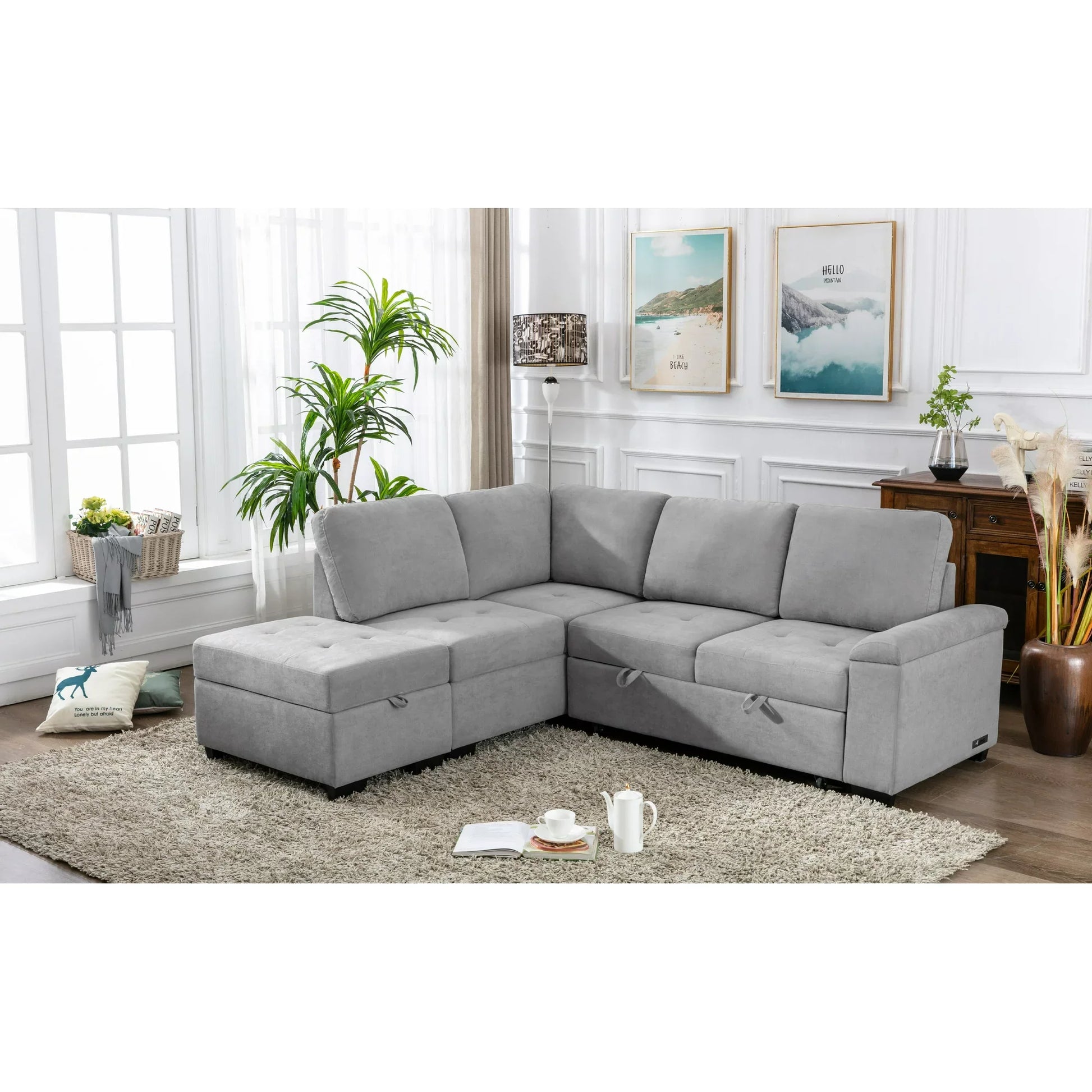 Euroco L-Shape Sofa Bed with Storage Ottoman and Hidden Arm Storage, Sectional Sofa Sleeper with USB Port for Living Room Apartment, Gray