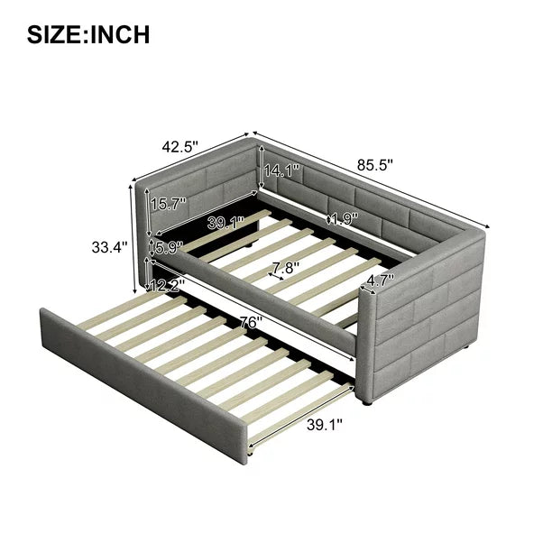 Euroco Twin Size Daybed with Trundle, Upholstered with Padded Back, Gray
