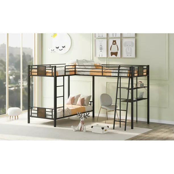 Euroco L-Shaped Twin over Twin Bunk Bed with Desk and Shelf for Kids Bedroom, Brown