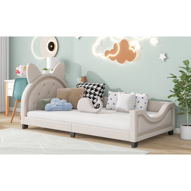 Bunny Shaped Twin Size Upholstery Daybed with Headboard for Kids, White