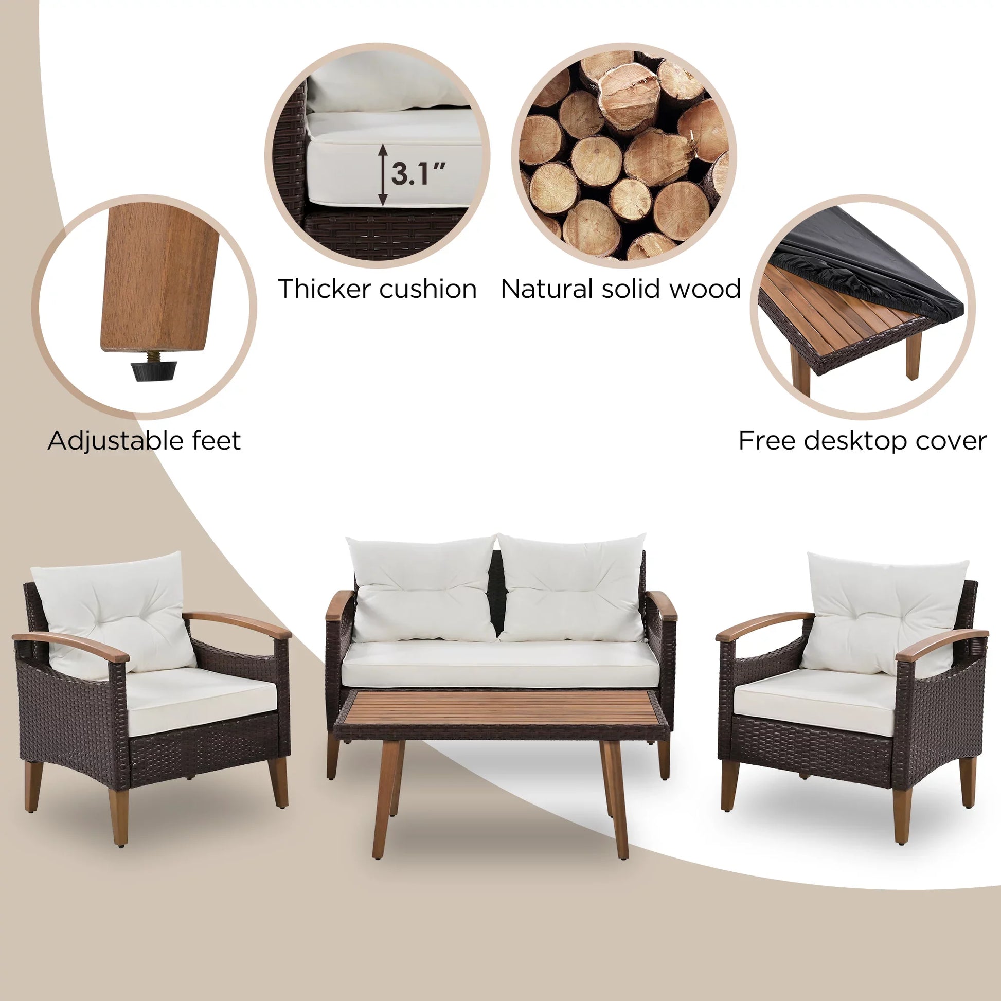 Euroco 4 Piece Conversation Set, Patio Seating Set with Wood End Table, PE Rattan Outdoor Sofa Set, Beige