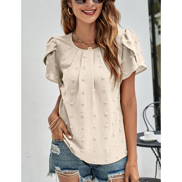 Clearance!Pouf Blouse Women Tops OTEMRCLOC Women's O-neck Short Sleeve Loose Casual Shirt Top Beige S