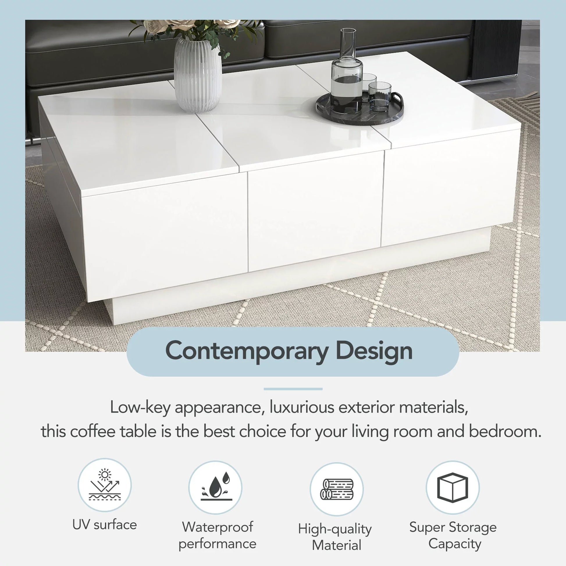 EUROCO 39.4” Multifunctional Coffee Table with 2 large Hidden Storage Compartment,Extendable Cocktail Table with 2 Drawers, High-gloss Center Table with Sliding Top for Living Room,White