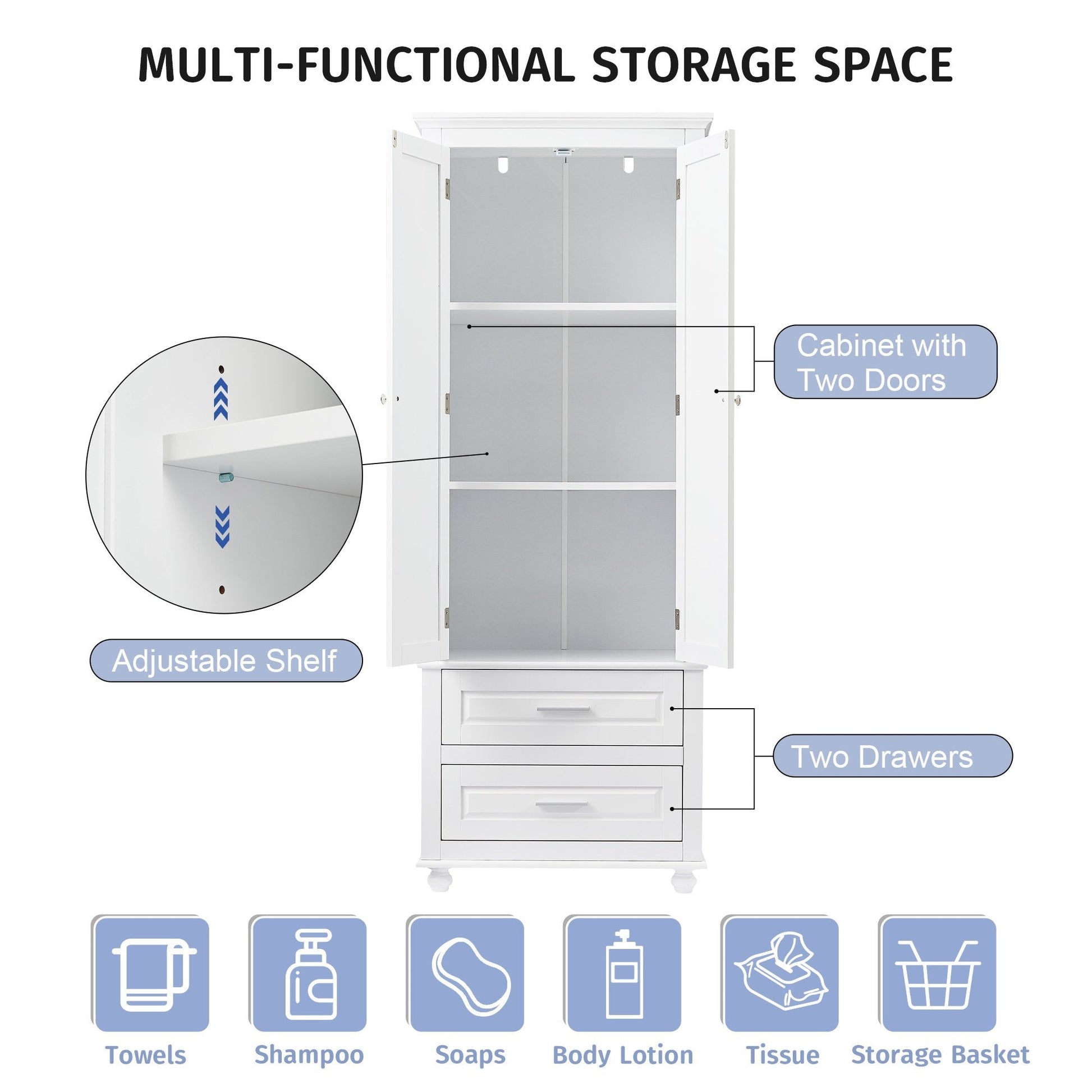 EUROCO 70" Bathroom Floor Tall Storage Cabinet,Kitchen Pantry, Farmhouse Pantry Cabinet with Glass 2 Doors & 2 Drawers and Adjustable Shelve,White