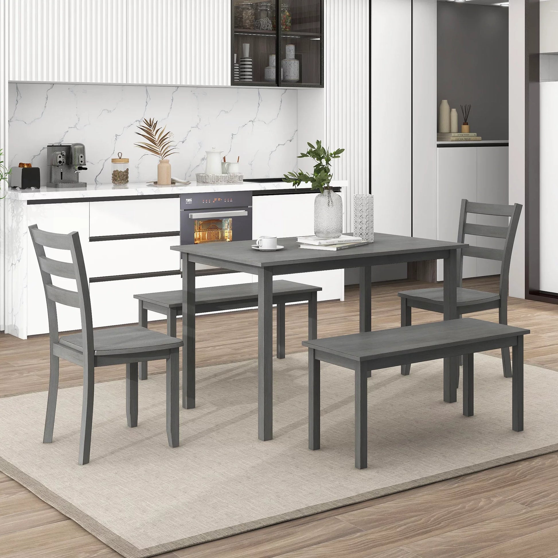 EUROCO 48" 5-Piece Dining Table Set,Solid Wood Kitchen Table with 2 Dining Chairs and 2 Benches,Gray