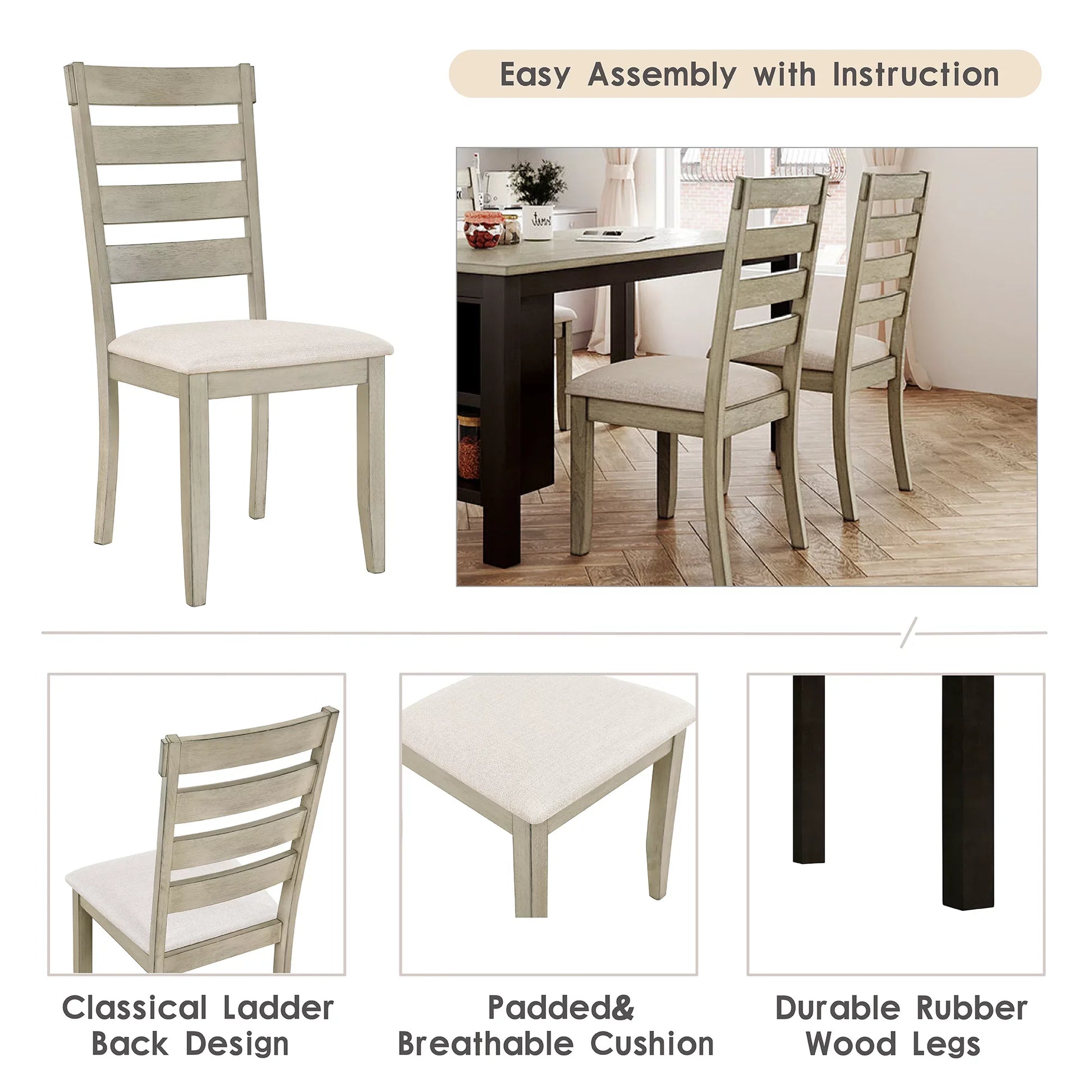 EUROCO Farmhouse Wood 59.8" 5-Piece Dining Table Set with 2-Tier Storage Shelves,Kitchen Set for 4 with Padded Dining Chairs, Beige