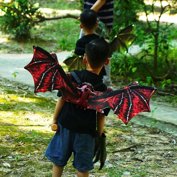 JUNBYONE Dragon Wings for Kids,Light Up & Music Moving Halloween Dino Wings - LED&Sound Dragon Wings Props Cosplay, Boys Halloween Dino Wings Cosplay Costume - Red - One Size