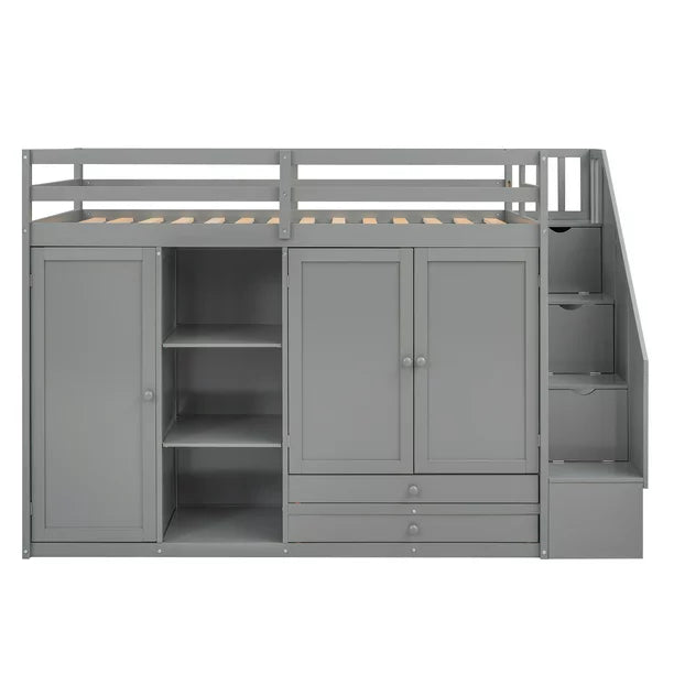 Wood Twin Loft Bed with Wardrobe, Shelf and Drawers for Bedroom, Gray