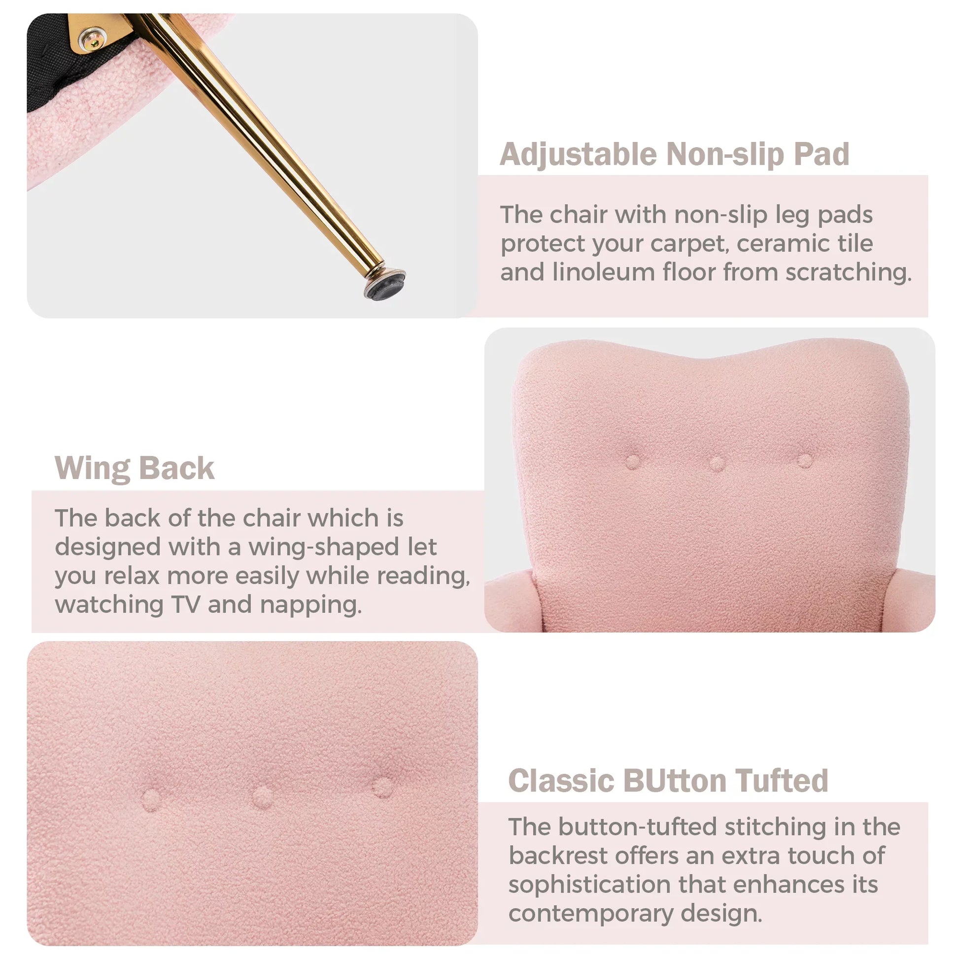 EUROCO Cozy Teddy Fabric ArmChair with Sloped High Back and Contemporary Metal Legs ,Pink