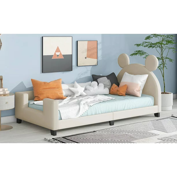 Mickey Mouse Shaped Twin Size Upholstery Daybed with Headboard for Kids, Gray
