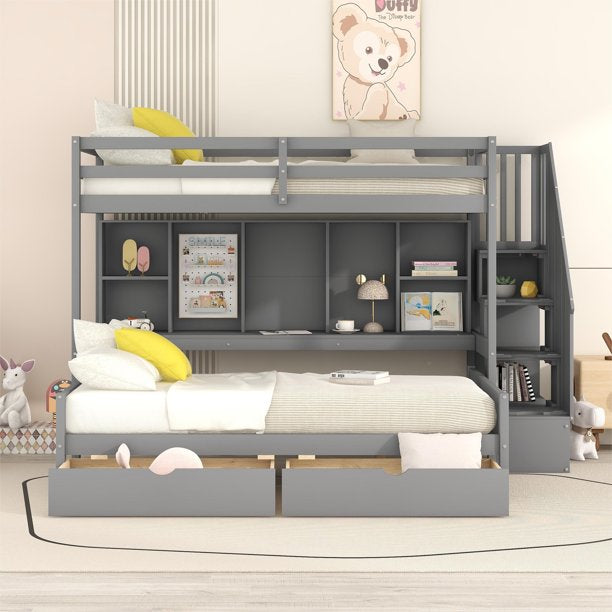 Pine Wood Twin XL over Full Bunk Bed with Storage Shelves and Staircase, Gray