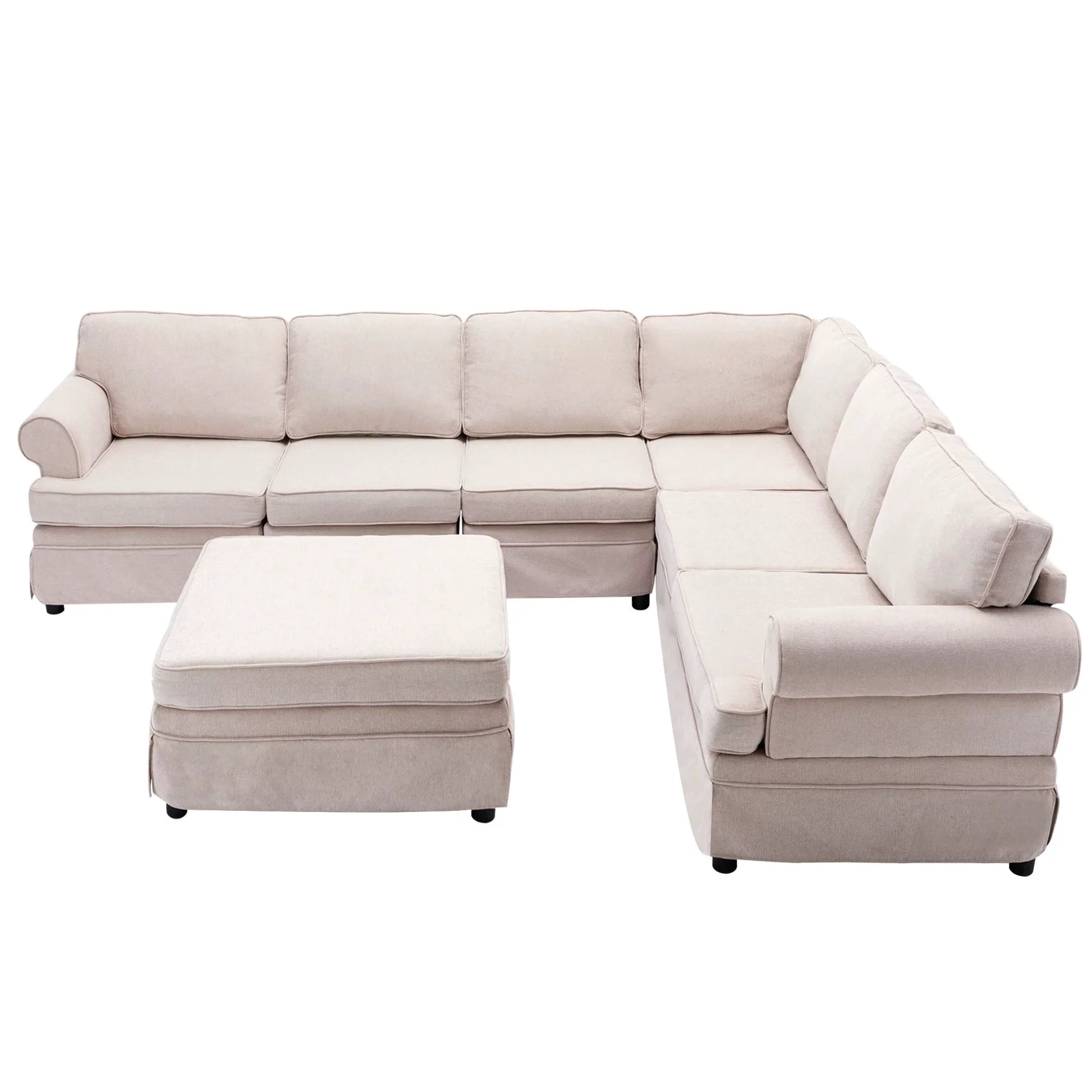 Euroco Fabric Sofa L shaped Upholstered Modular Sofa Collection, Sectional Couch with Removable Ottoman for Living Room, Beige, 108" x 84"