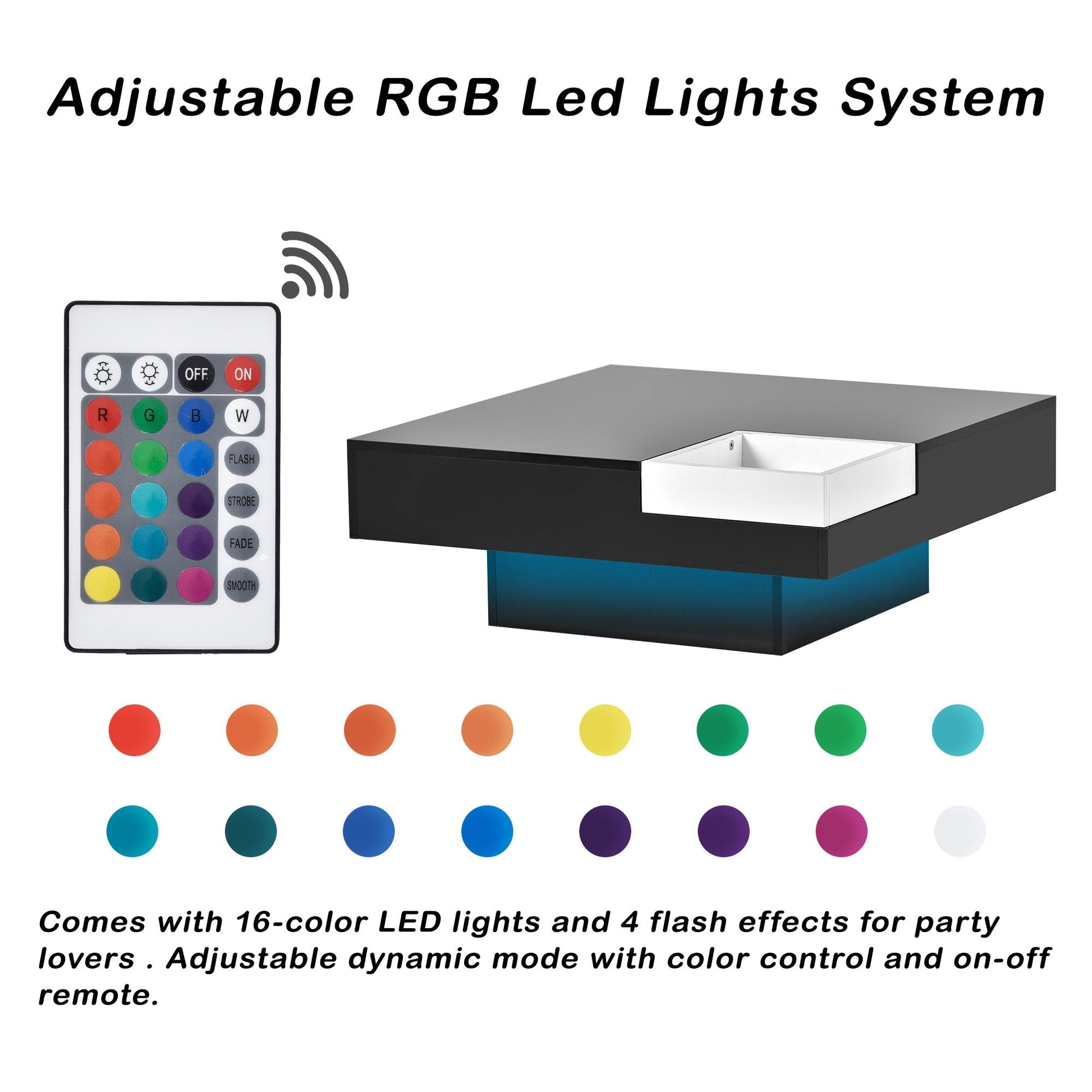 EUROCO Modern Minimalist Design 31.5*31.5in Square Coffee Table with Detachable Tray and Plug-in 16-color LED Strip Lights Remote Control for Living Room