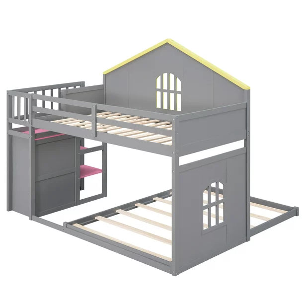 Twin over Full House Bunk Bed with Shelf and Drawer for Kids, Gray
