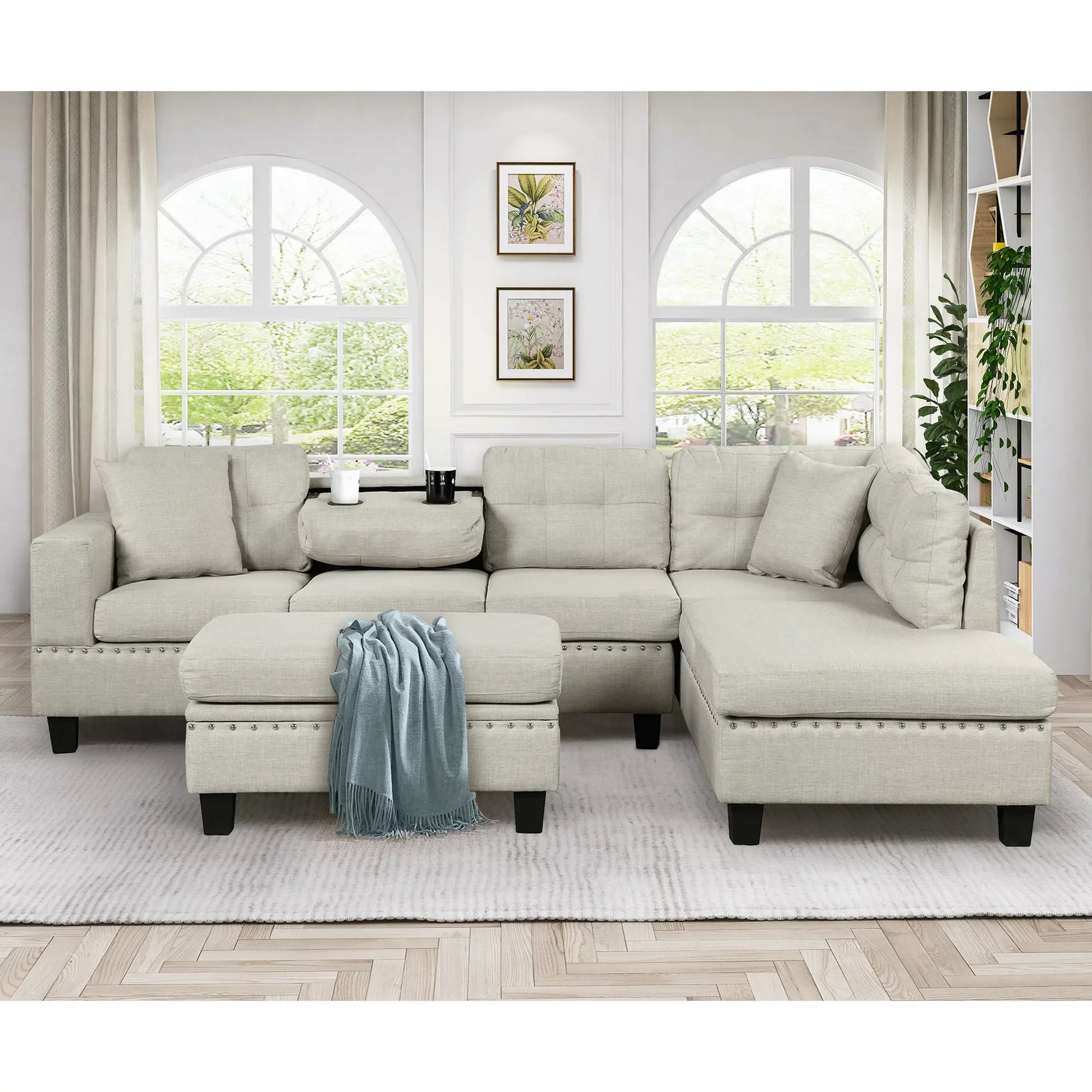 Euroco Modern Sectional Sofa with Storage Ottoman, L-Shape Couch with 2 Pillows and Cup Holder, Sectional Sofa with Reversible Chaise for Living Room, Light Gray, 104.5"
