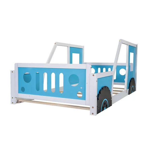 Car-Shaped Twin Size Wood Platform Bed for Kids’ Bedroom, Blue