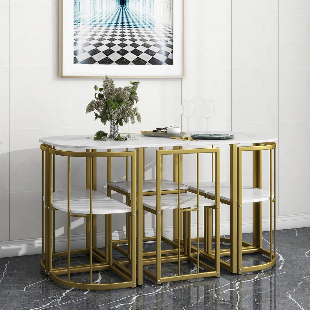 EUROCO 55"L Modern 7-Piece Dining Table Set with Faux Marble Compact, Kitchen Table Set for 6, Golden+White