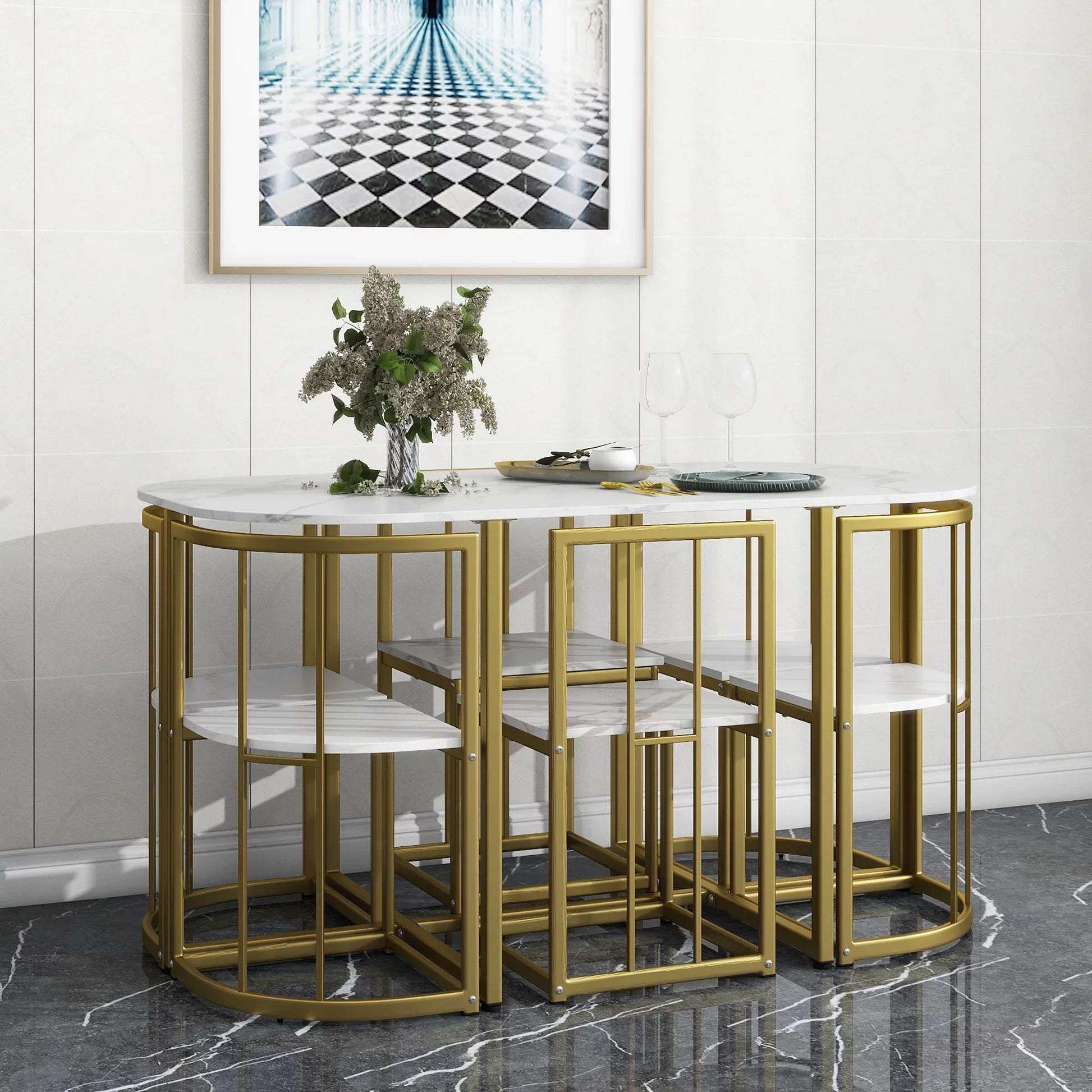 EUROCO 55"L Modern 7-Piece Dining Table Set with Faux Marble Compact, Kitchen Table Set for 6, Golden+White