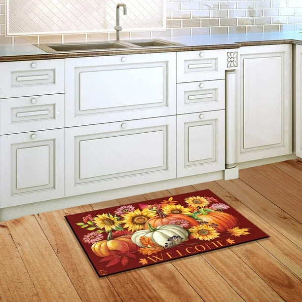 JUNBYONE Autumn Beauty Flower Doormat Pumpkin Indoor/outdoor Welcome Mat Front Door Entrance Anti-skid Rubber Doormat