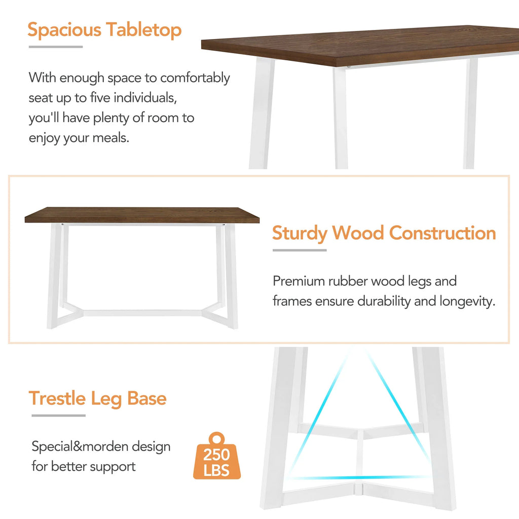Farmhouse 6-Piece 59" Wood Dining Table Set with 4 Upholstered Chairs and Bench, White