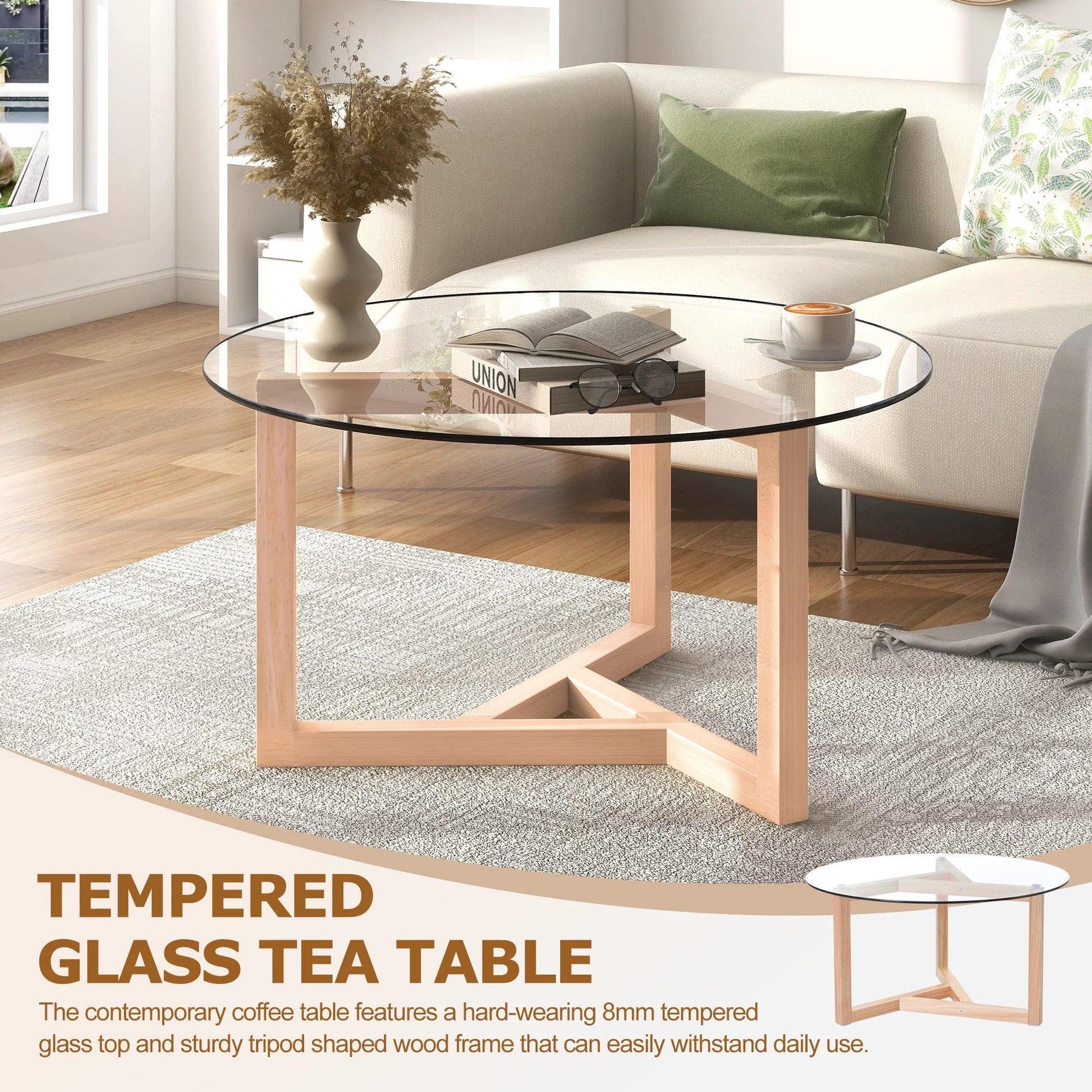 EUROCO Round Glass Coffee Table Modern Cocktail Table Easy Assembly with Tempered Glass Top & Sturdy Wood Base, Natural