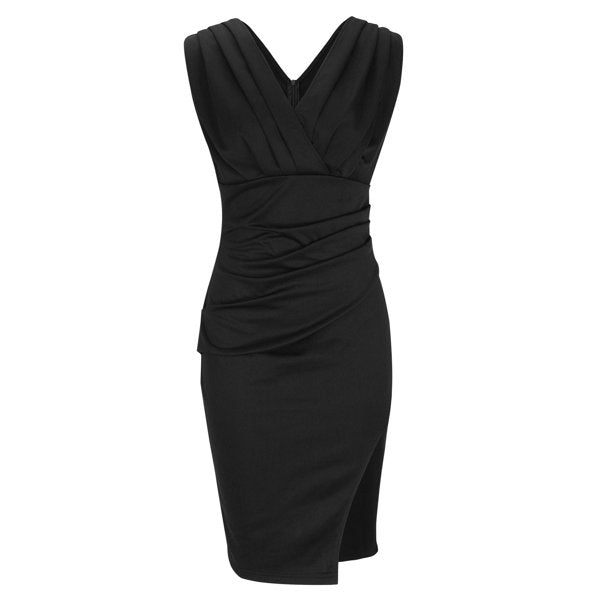 Clearance! OTEMRCLOC Women's Summer Solid Pleated V-Neck Sleeveless Split High Waist Evening Elegant Dress for Women Black XXL