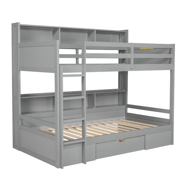 Modern Wood Twin Bunk bed with Shelves and Drawer for Kids Room, Gray