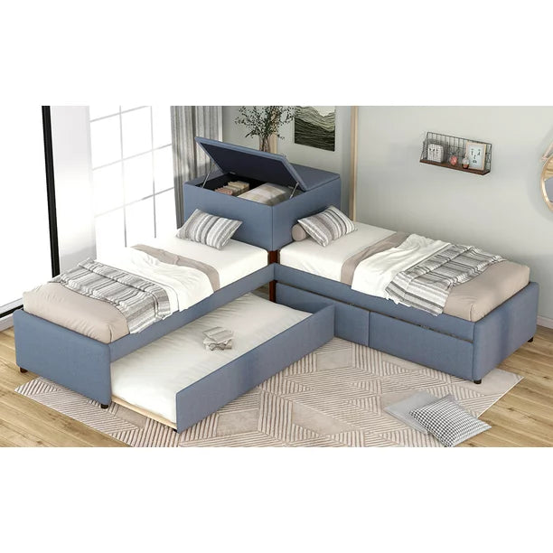 EUROCO Upholstery L-Shaped Twin Platform Bed with Storage Drawers and Trundle,Square Table for Kids Bedroom Gray