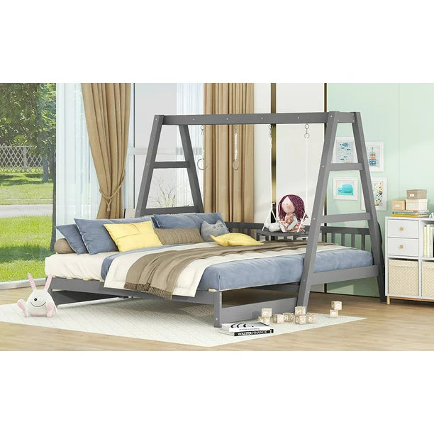 Euroco Twin Size Convertible Daybed with Swing and Ring Handles for Kids, Gray