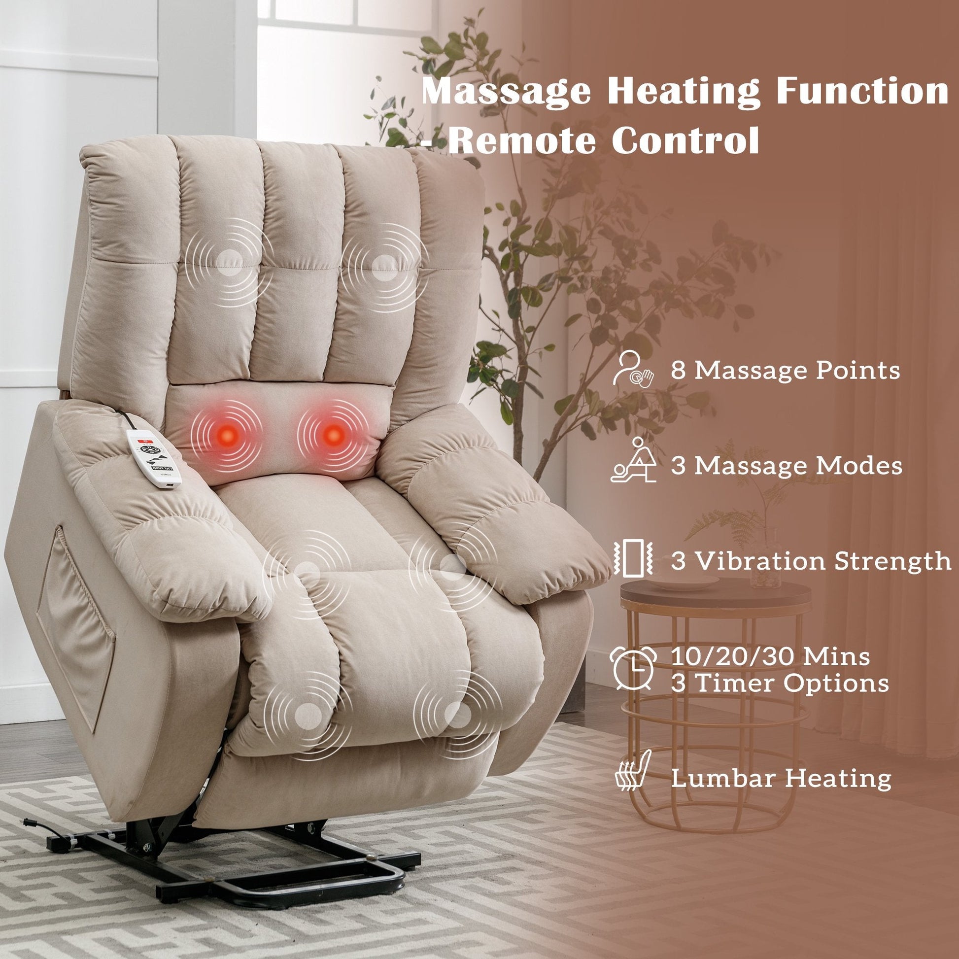 EUROCO 33.5"W Power Lift Recliner Chair Recliners for Elderly with Heat, Vibration and Massage Velvet Recliner Chair for Living room with Side Pocket,Beige