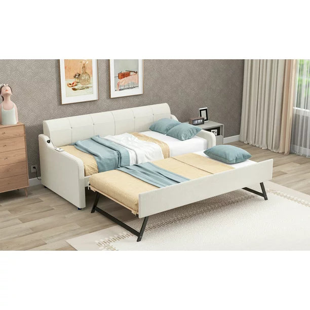 EUROCO Twin Size Upholstery DayBed with Convertible Trundle and USB Charging Station, Beige