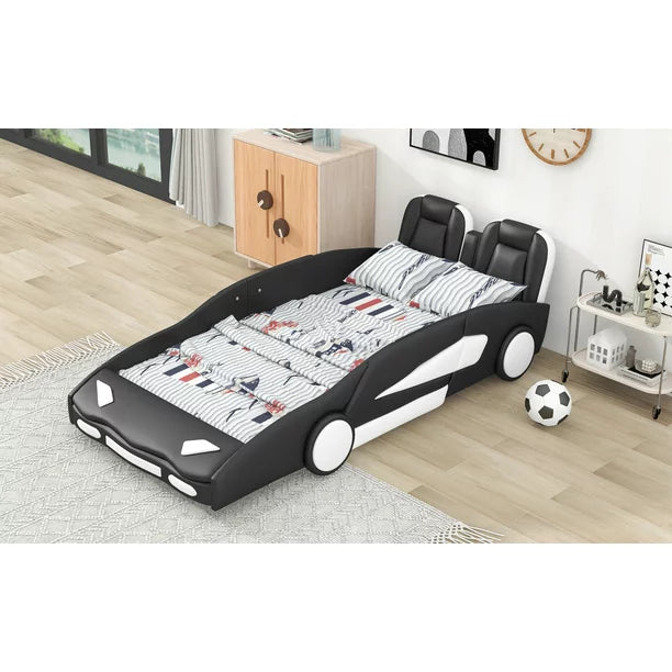 Modern Wood Race Car-Shaped Twin Platform Bed for Kids’ Bedroom, Black