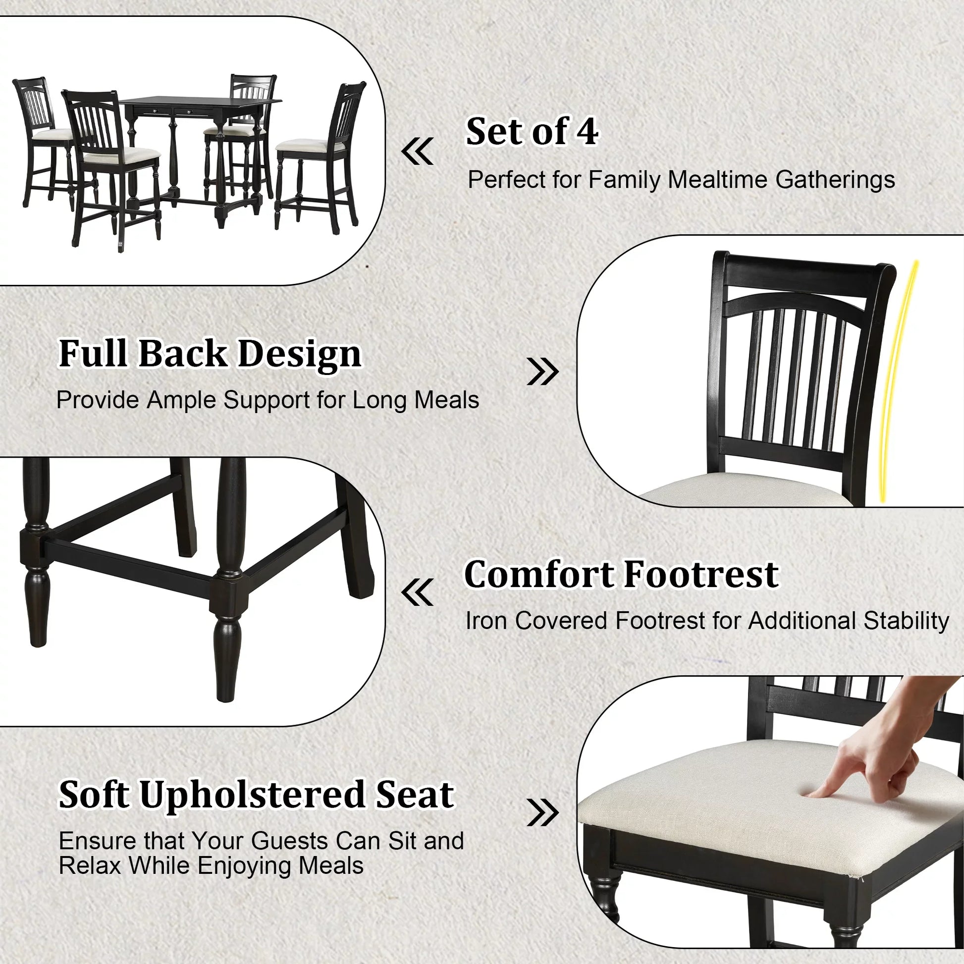EUROCO 5-Piece 36.4"H Mid-Century Farmhouse Wood Dining Table Set ,Kitchen Dining Table with 2 Drawers and 4 Upholstered Chairs, Espresso