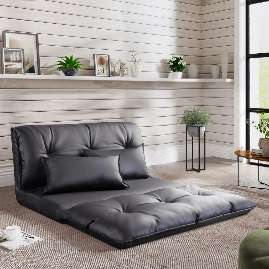 Lazy Sofa Adjustable Folding Futon Sofa Video Gaming Sofa with Two Pillows, Black PU