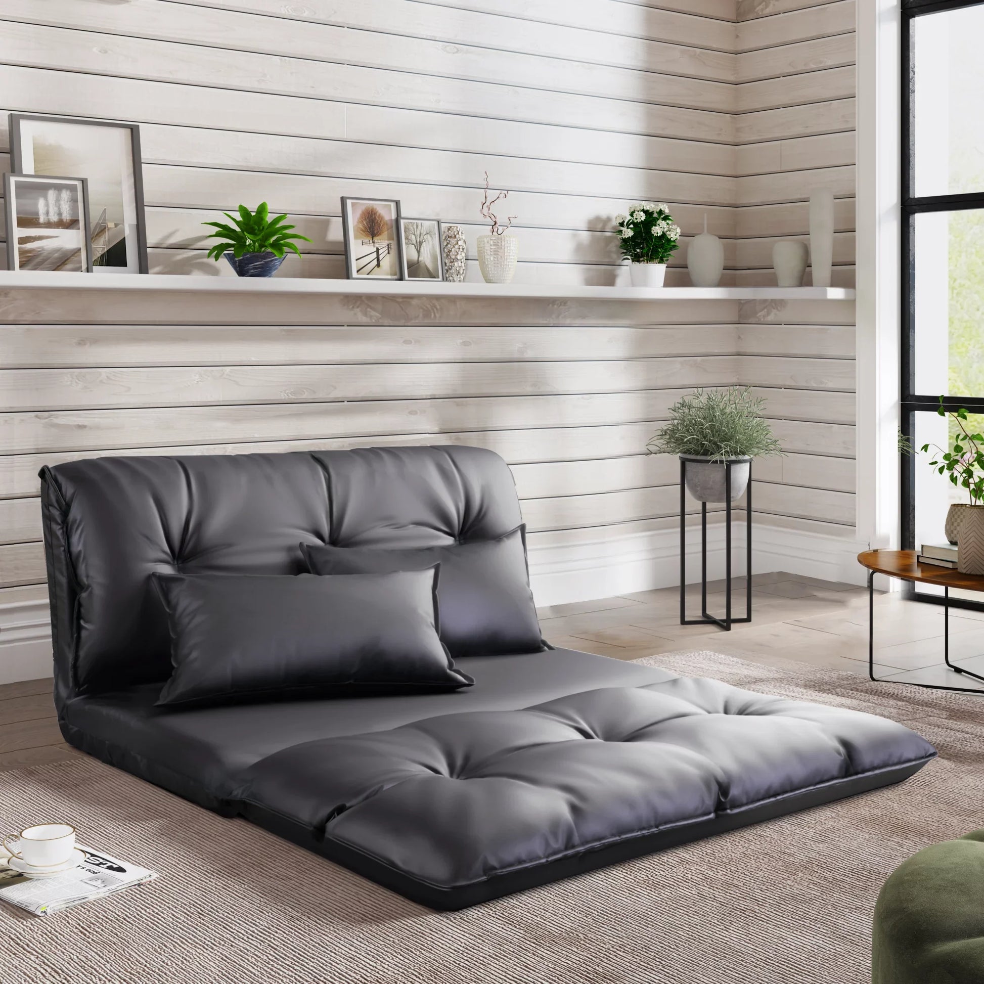 Lazy Sofa Adjustable Folding Futon Sofa Video Gaming Sofa with Two Pillows, Black PU