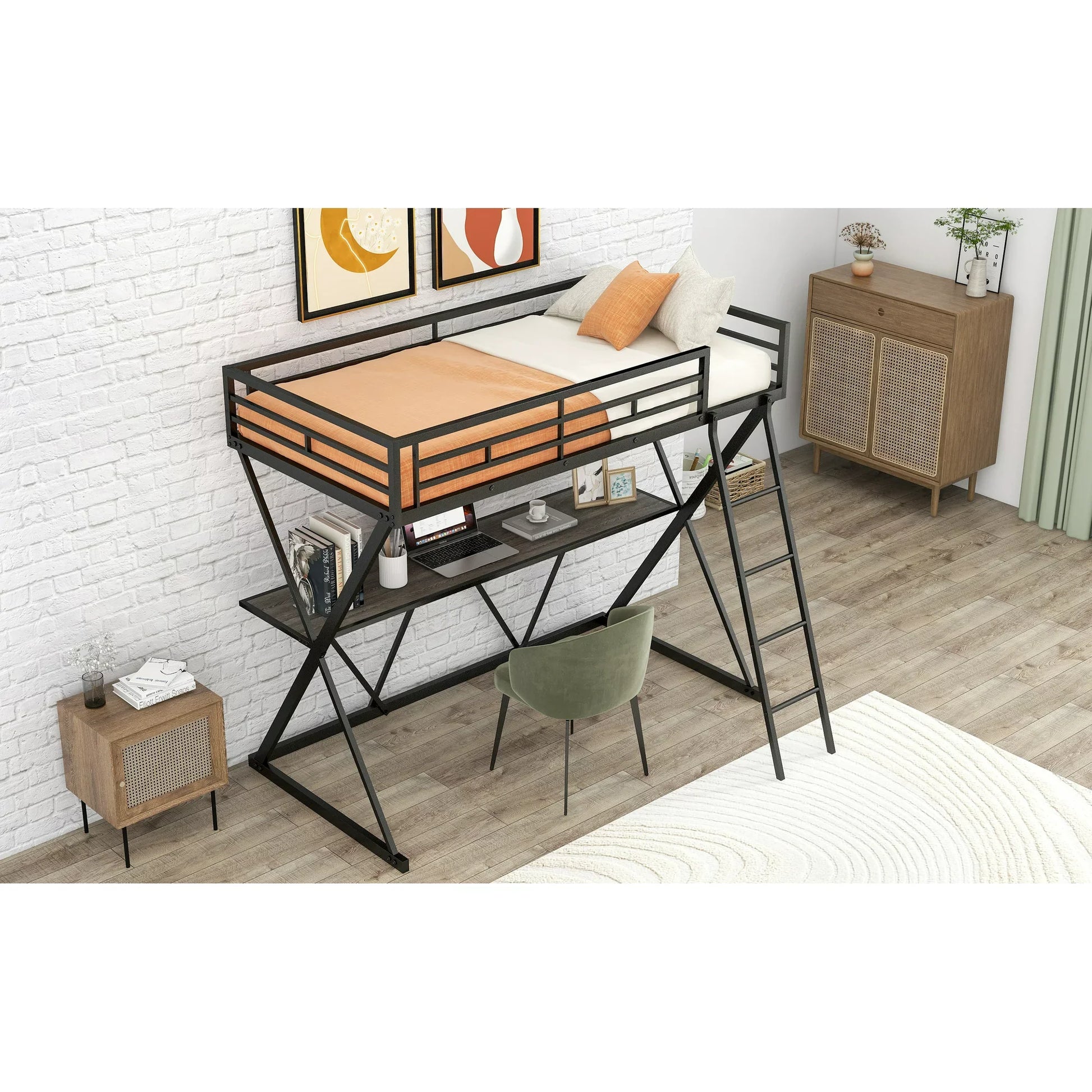 Euroco Steel Twin Loft Bed with Desk and Ladder, X-Shaped Frame, Black