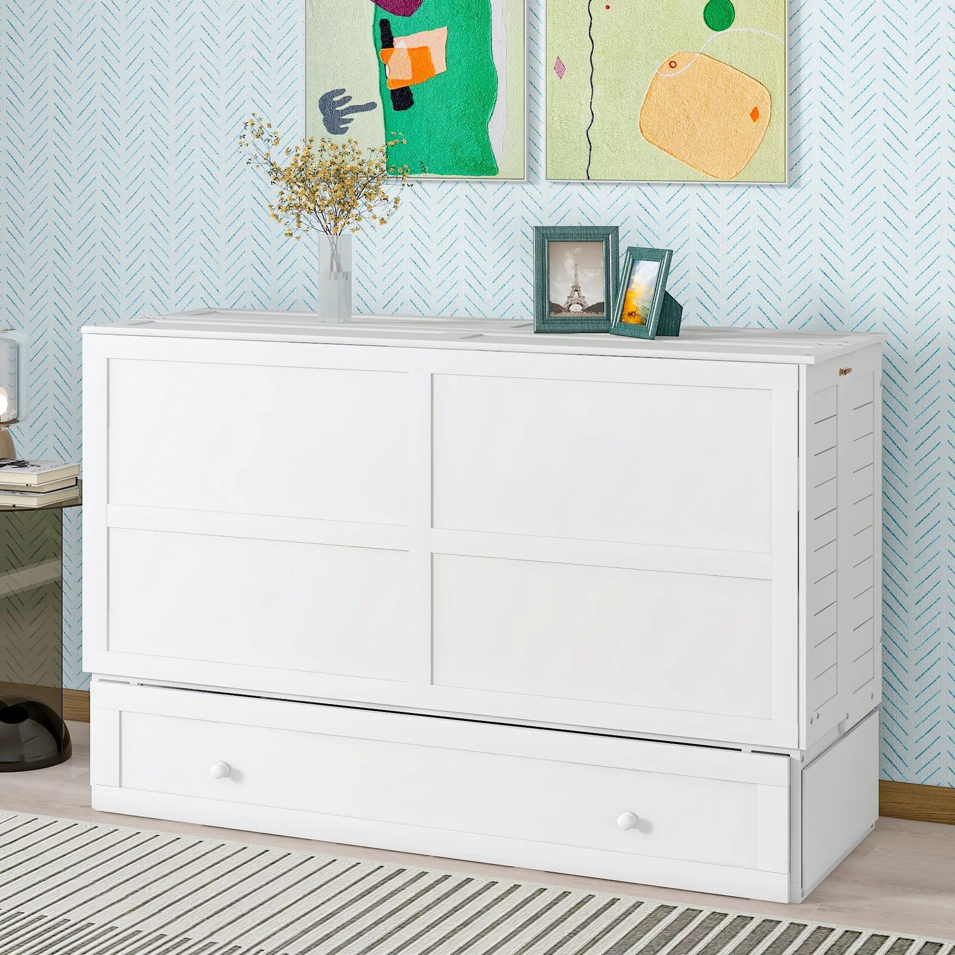 EUROCO Queen Size Murphy Bed with Shelf and Drawer for Adult Bedroom, White