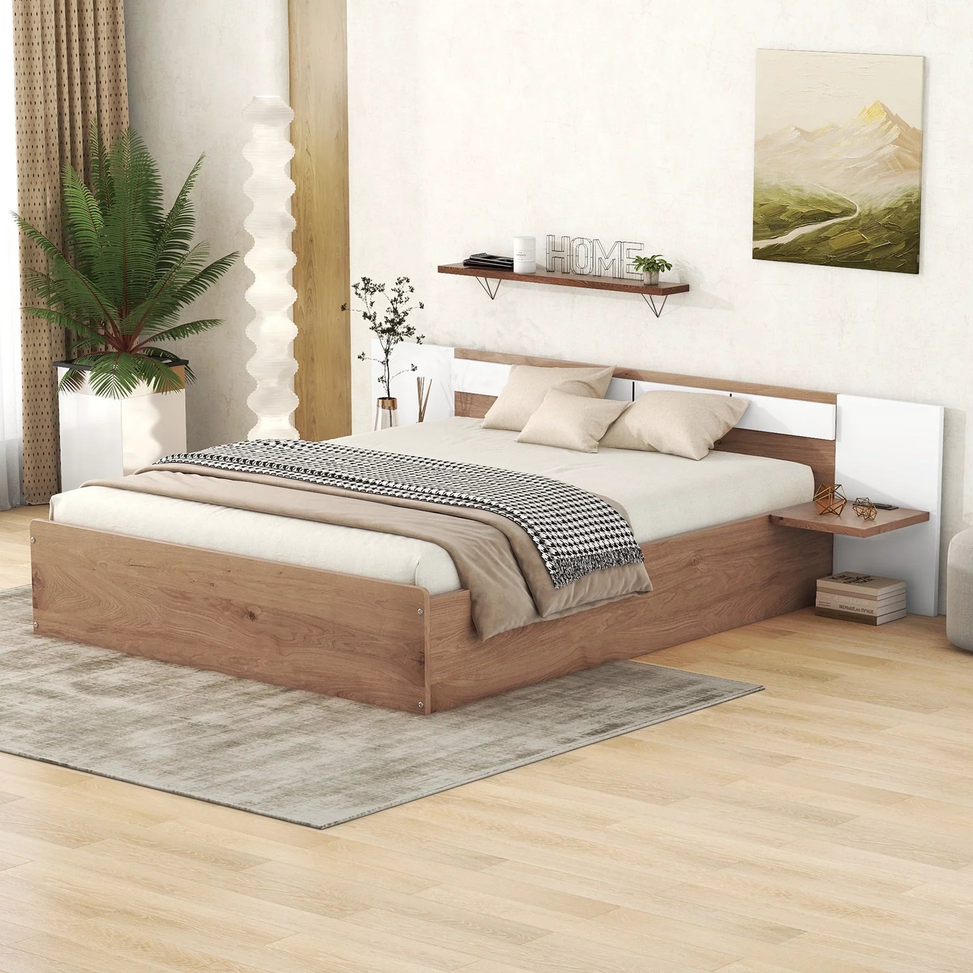 Euroco Wood Queen Size Platform Bed with Shelf and Charging Station, Natural