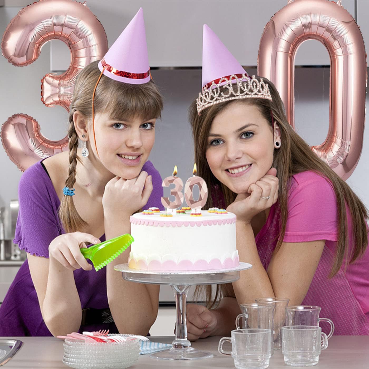 Rose Gold 30th Birthday Decoration Kit, Including Birthday Sash, Crown, Happy Birthday Letters Balloons, Cake Topper and Candles