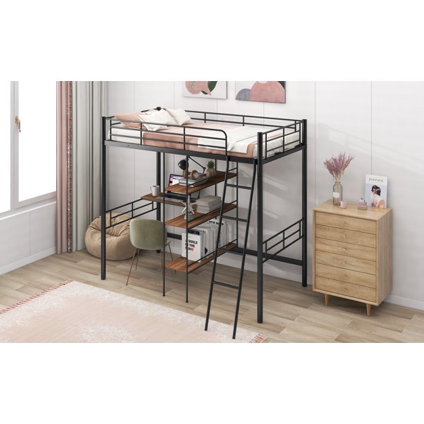 EUROCO Metal Twin Loft Bed with Desk for Child, Black