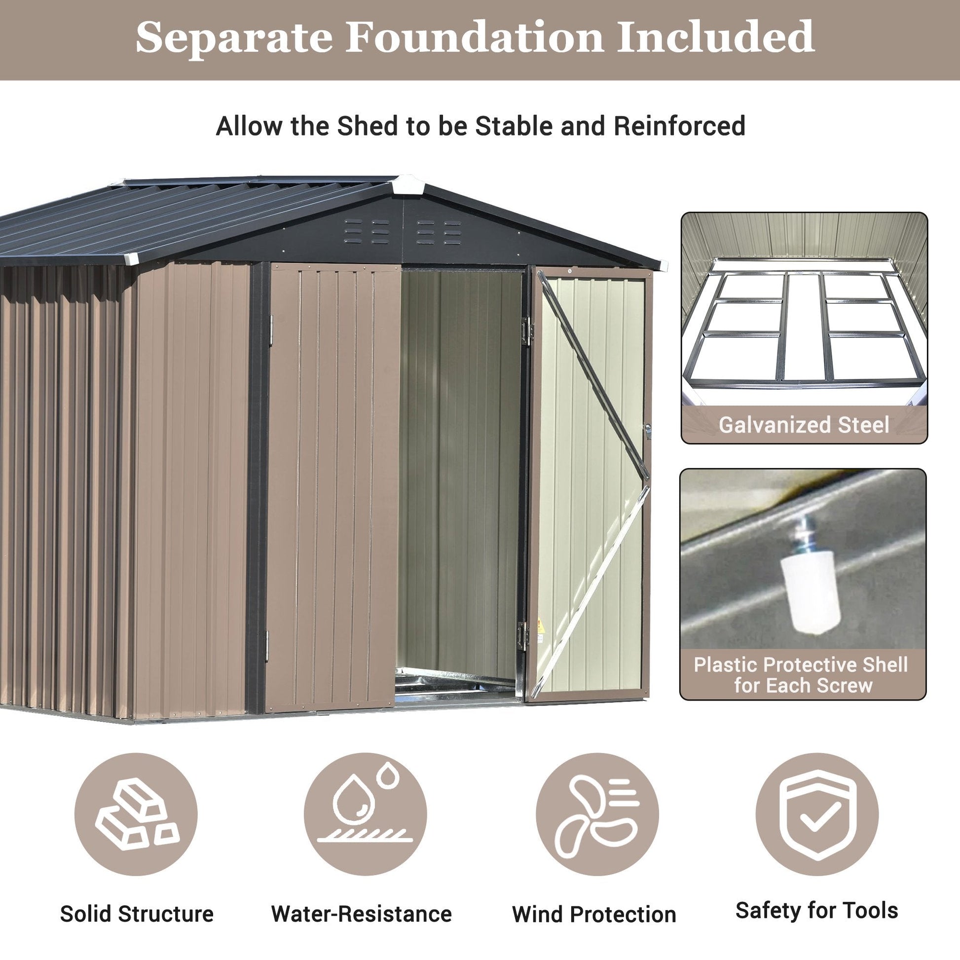 Euroco 8' x 6' Outdoor Metal Storage Shed, Tools Storage Shed, Galvanized Steel Garden Shed with Adjustable Shelves and Lockable Doors, Brown